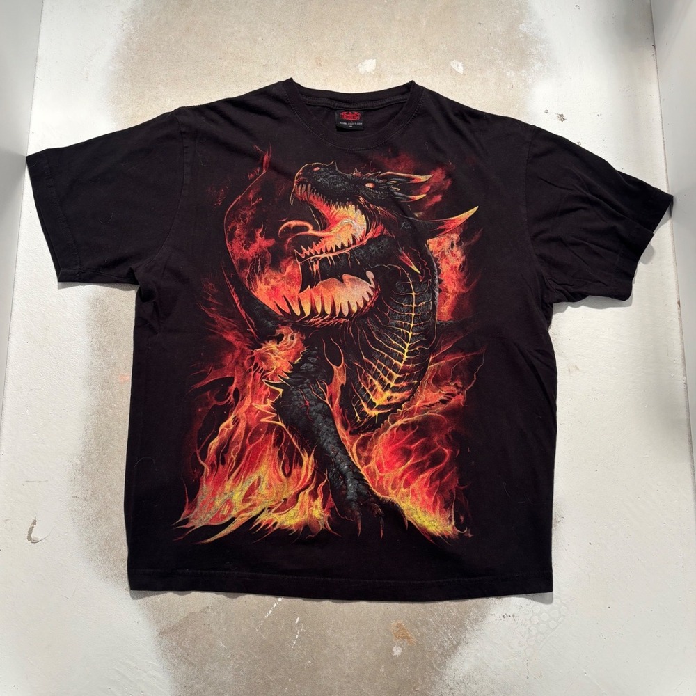 Spiral Direct Mens XL Black Fire Dragon Graphic T-Shirt Double Sided Gothic Tee
